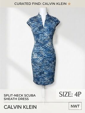 NWT Calvin Klein Blue Abstract Split-Neck
Scuba Sheath Dress Sz 4P